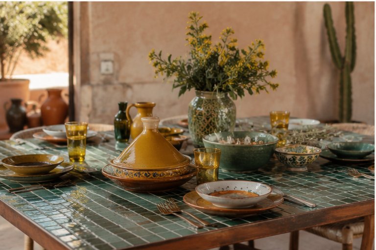 Table en zellige verte, tajine et céramique