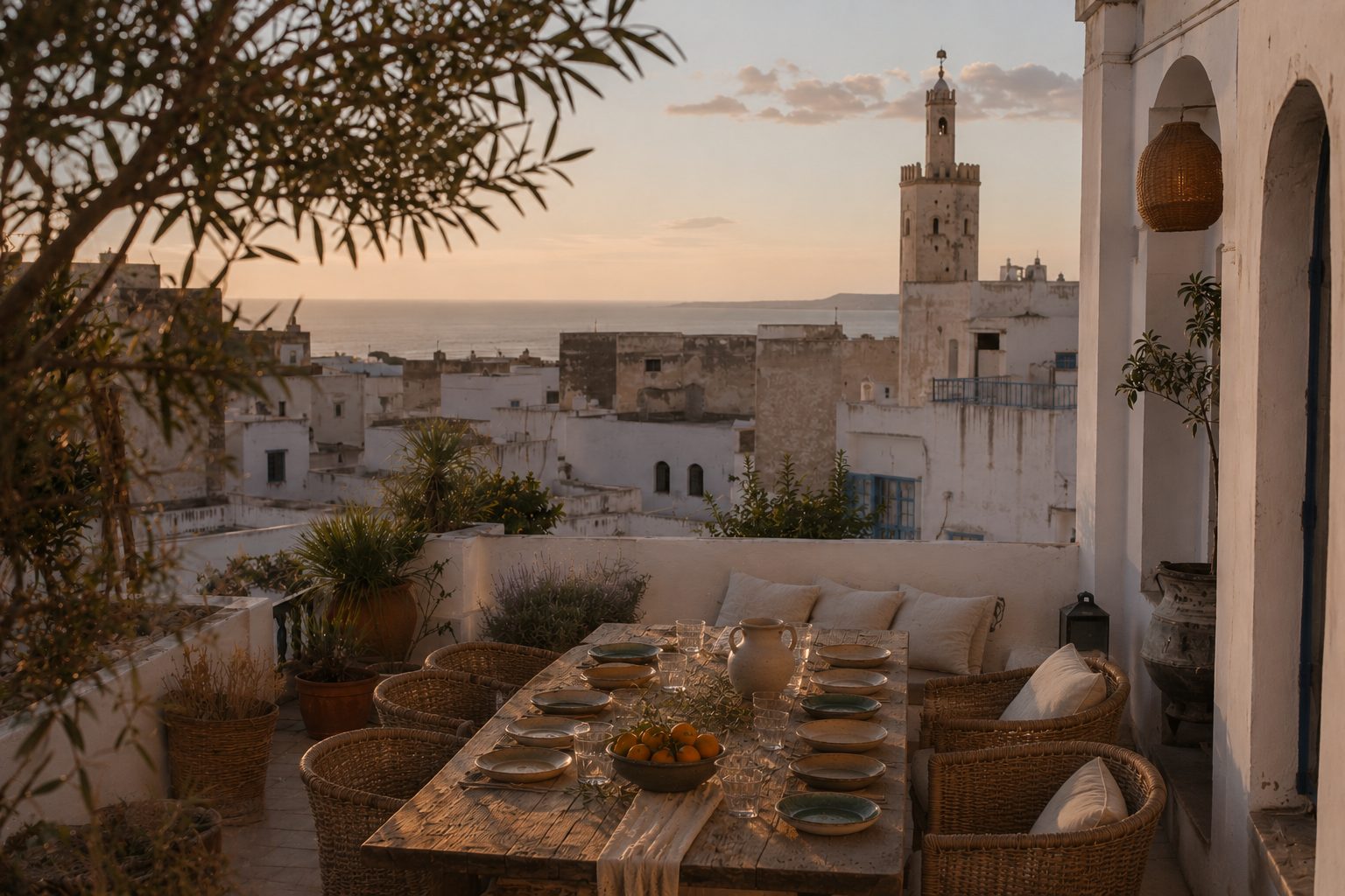 Terrasse marocaine au coucher du soleil, face à la médina et à l'Atlantique