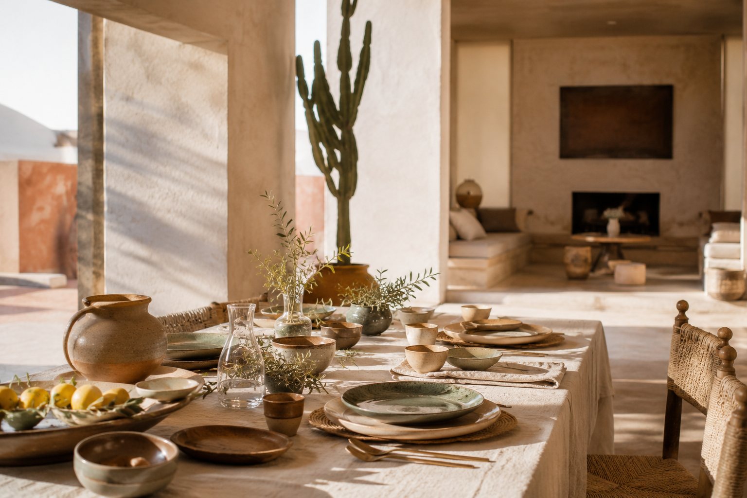 Intérieur en tadelakt, table dressée, cactus candélabre